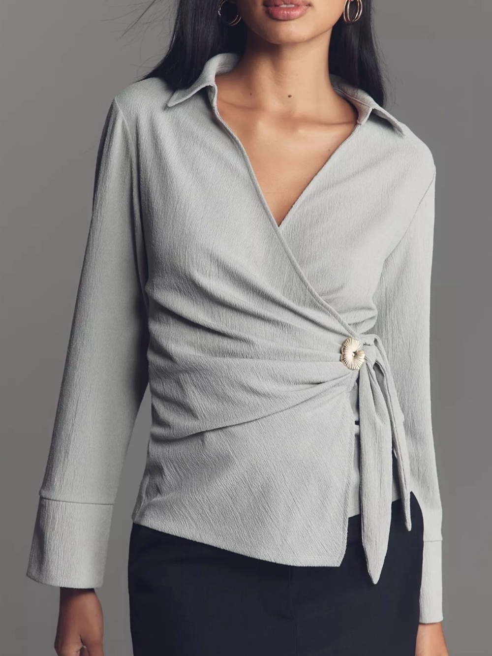 Anthropologie Hardware Grey Wrap Long Sleeve Collared Top Size M